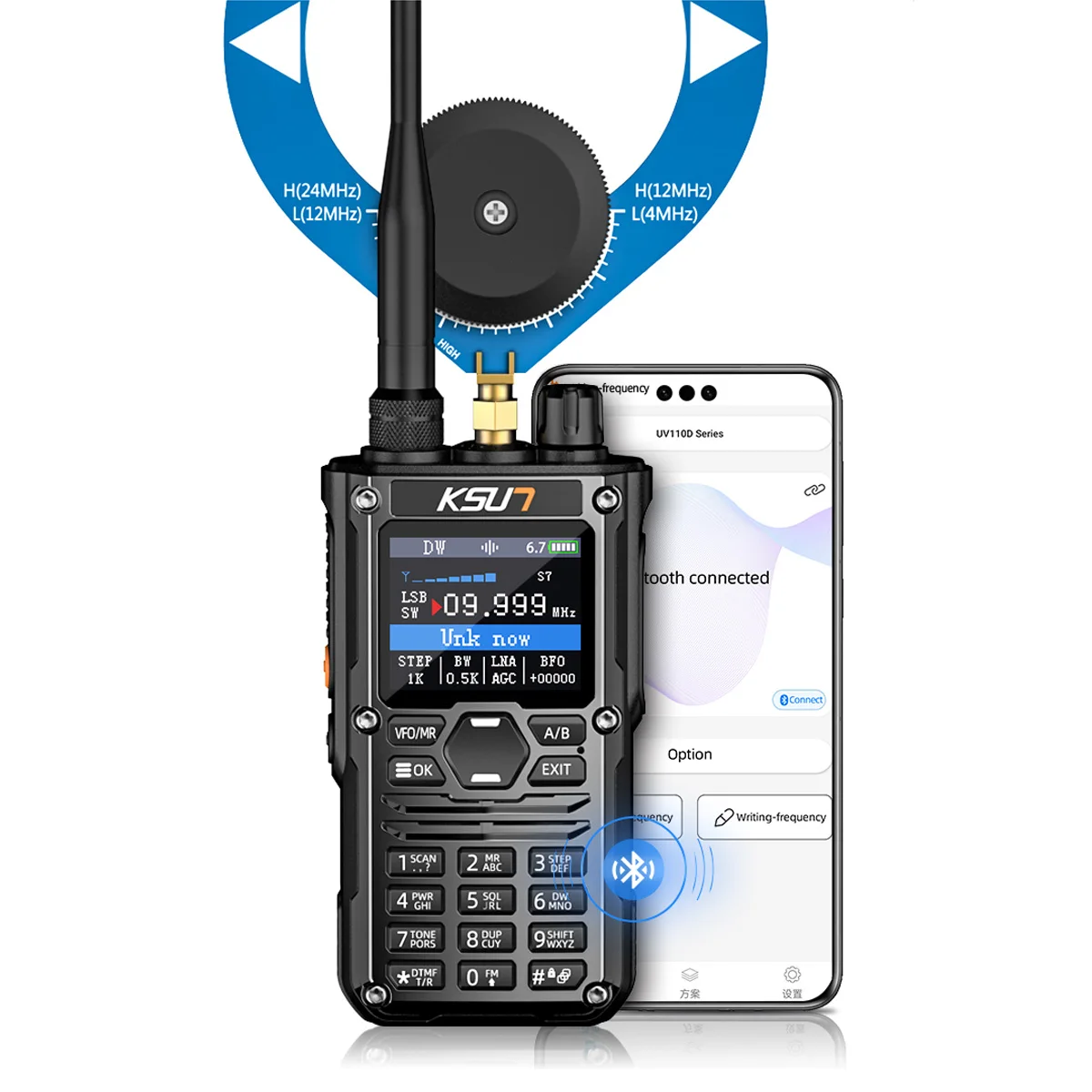 KSUN HF123D 10W 고출력 블루투스 프로그래밍 무전기 UHF VHF 다중 대역 GMRS 무전기 AM FM NOAA CW SSB HF 워키토키