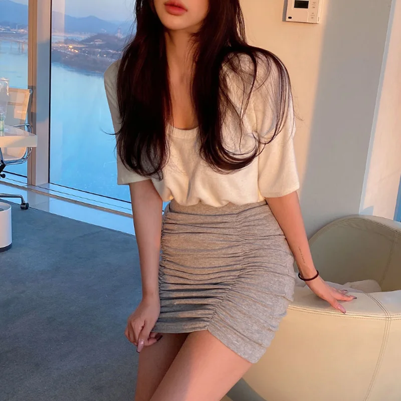 Gonna a trapezio a vita alta Gonna aderente aderente a pieghe slim fit da donna Gonna coreana da pendolare in cotone color sle