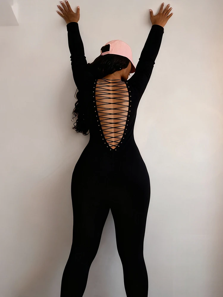 

Weird Puss Backless Shirring Jumpsuits Woman Fitness Skinny Activity Streetwear Stretch Hipster Full Sleeve Casual Fall Overalls