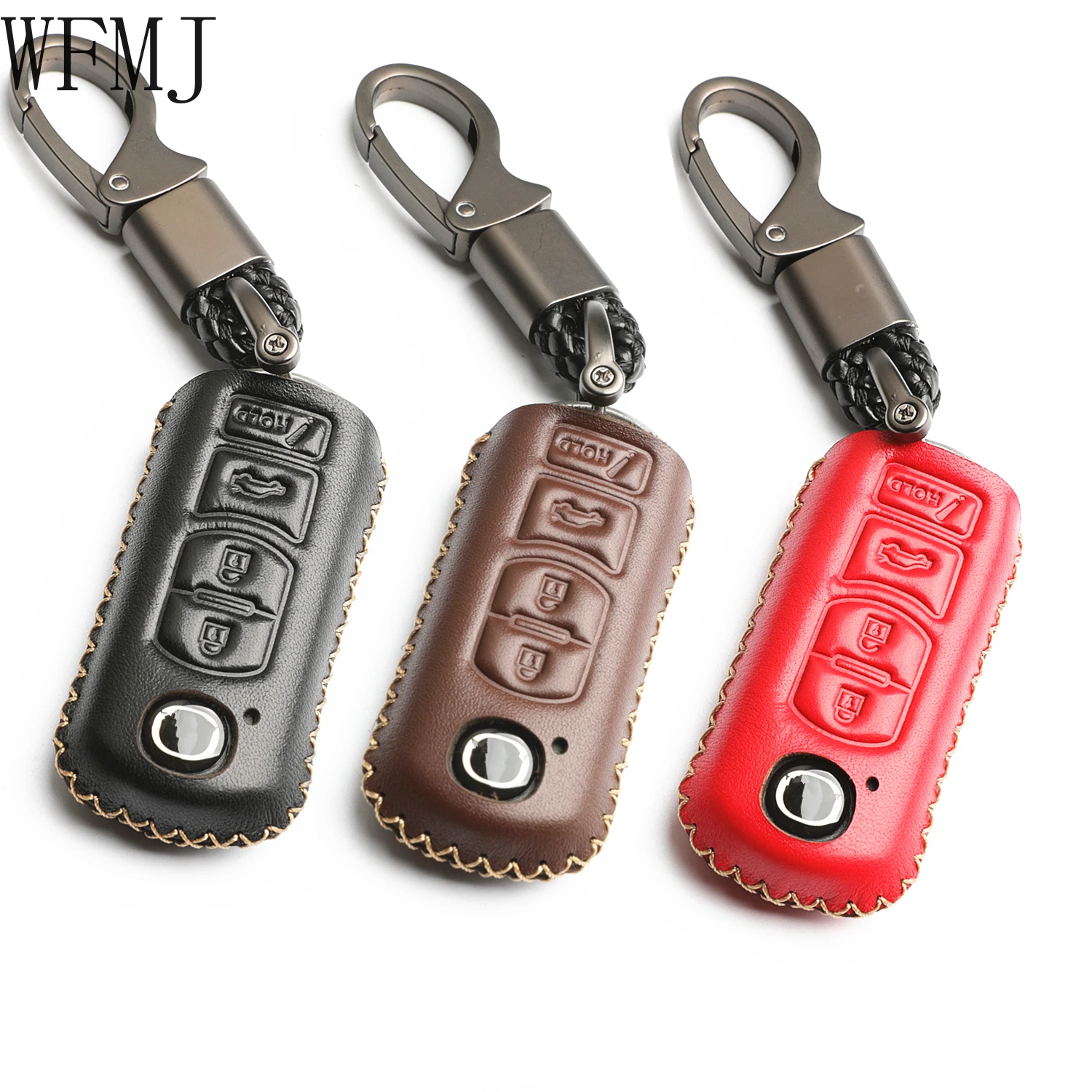 WFMJ Leather for 2017 2018 Mazda CX-5 CX-7 CX-9 MX-5 Miata Mazda 3 6 Remote Smart 4 Buttons Key Fob Case Cover Chain