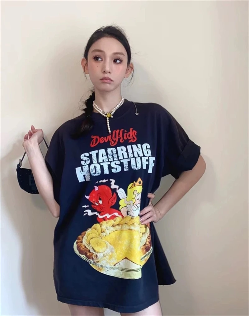 Summer Purey Greedy Devil Cartoon Anime Print Vintage Pure Cotton Short Sleeve High Street Casual Loose Versatile T-shirt Cute