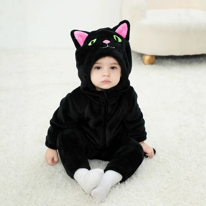 Newborn Baby Black Pink Cat Romper Hooded Bodysuit Jumpsuit Onesie Toddler Cute Warm Plush Fleece Winter Zip Up Playsuit