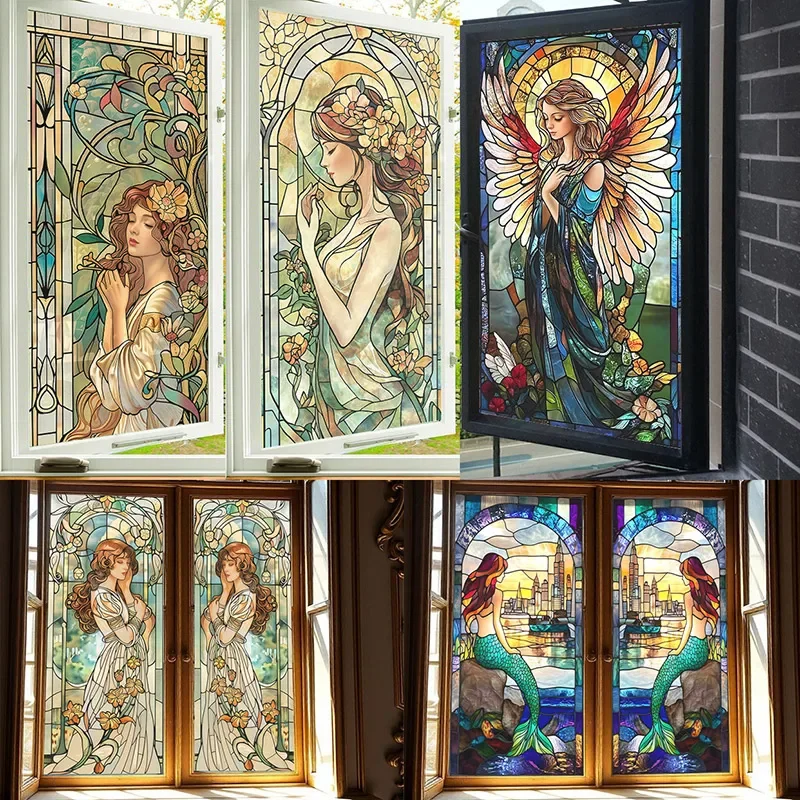 

European Style Retro Glass Film,Electrostatic Frosting,Adhesive Free Art Painting,Classical Women, Window Film, Stained Glass