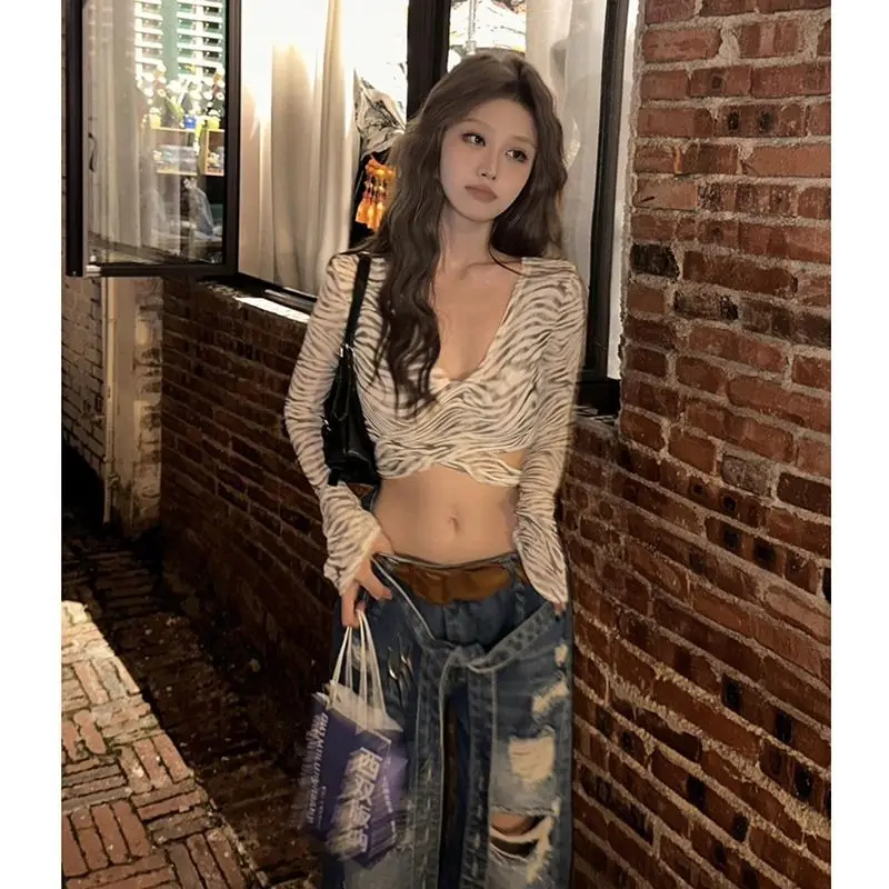 American Gothic Y2K Irregular Cropped Top Sexy V-neck Lace-up Long Sleeves Women Summer New Zebra Print Short Top Harajuku Chic
