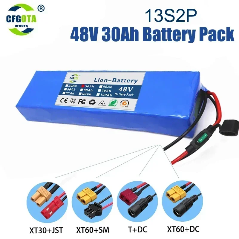 

48V 30Ah 18650 Lithium Battery Pack 13S2P 1000W High Power Battery 54.6V 30Ah Electric Bicycle Electric Scooter BMS + Fuse
