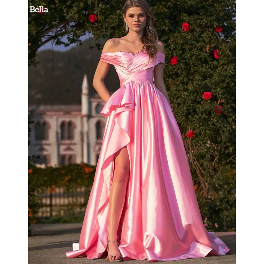 

Bella Customized Off Shoulder Pink robes de soirée Side High Split Zip Party Dresses Beading Satin Court Train Prom Dress 2025