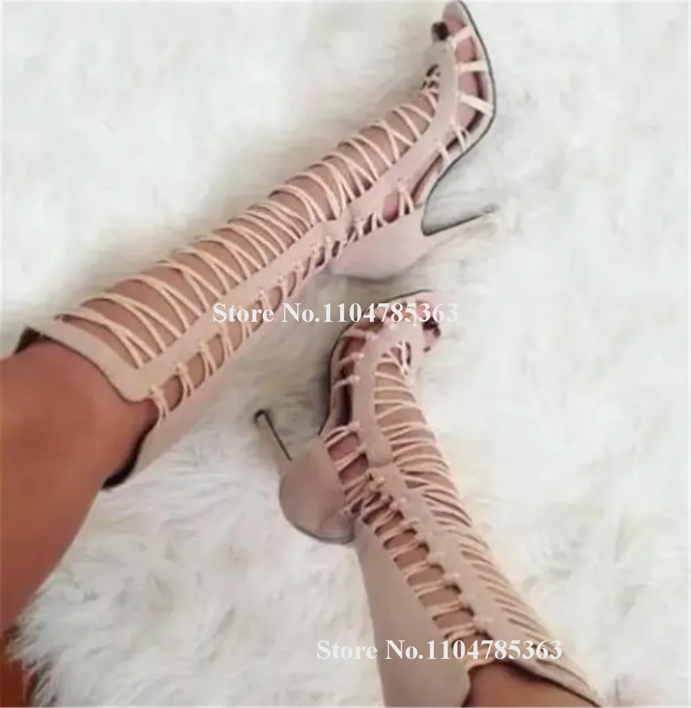 

Новейшие бежевые замшевые сапоги-гладиаторы на шпильке с вырезами, с открытым носком, на тонком каблуке, с перекрестными ремешками, высокие сандалии-ботфорты