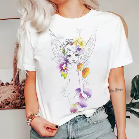 Disney Peter Pan Tinker Bell Outline Floral Sketch Portrait T-Shirt Disney Shirt Walt Disney World,Disneyland Trip Outfits