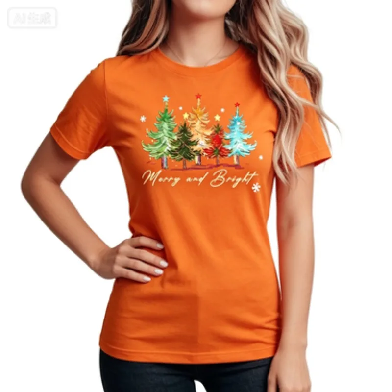 Women Slim  Short Sleeve T-shirt Merry And Bright Watercolor Colorful Christmas Trees Print Winter Xmas Holiday Casual Party Tee