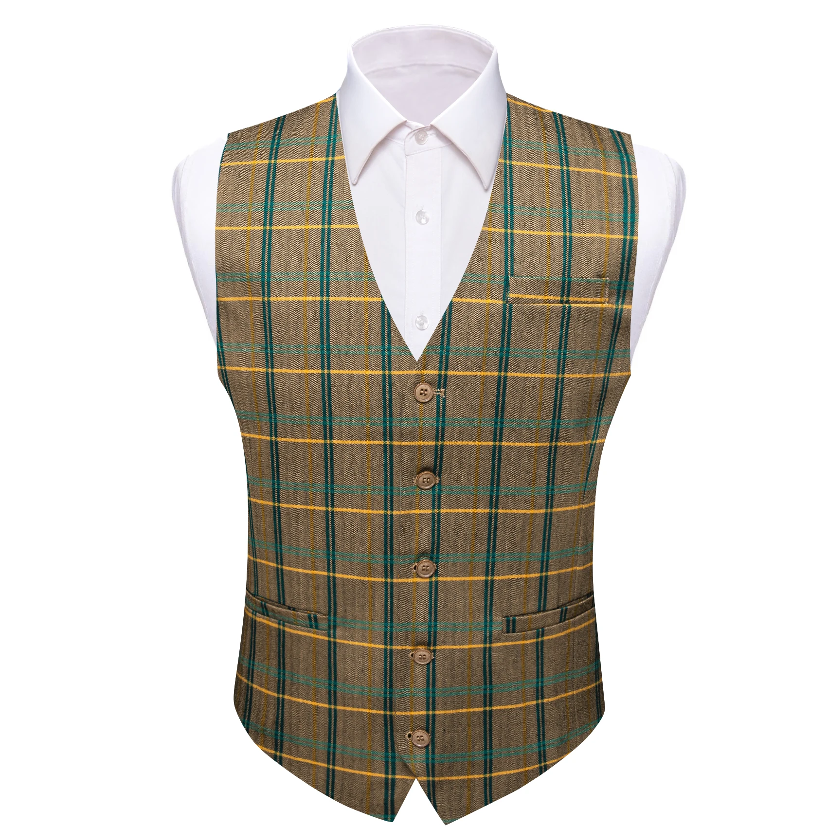 Luxury Vest for Men Brown Green Yellow Plaid Waistocat Sleeveless Jacket Wedding Business Formal Male Coat Casual Barry Wang