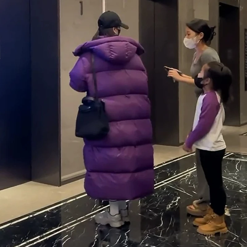 Purple Long Cotton Jacket, European Oversized Loose and Thick Hooded Jacket, Women's Winter 2024 New Model