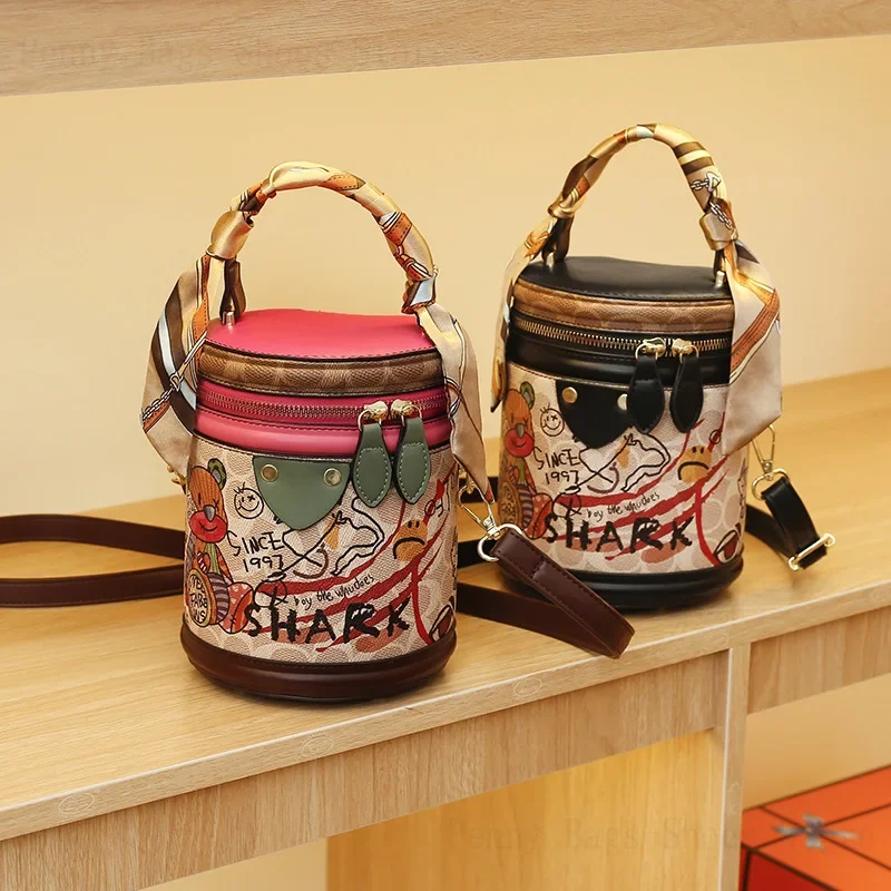 2025 New High-End Bucket Bag For Women, Elegant Graffiti Cylindrical Versatile Fashionable Shoulder Crossbody Bag