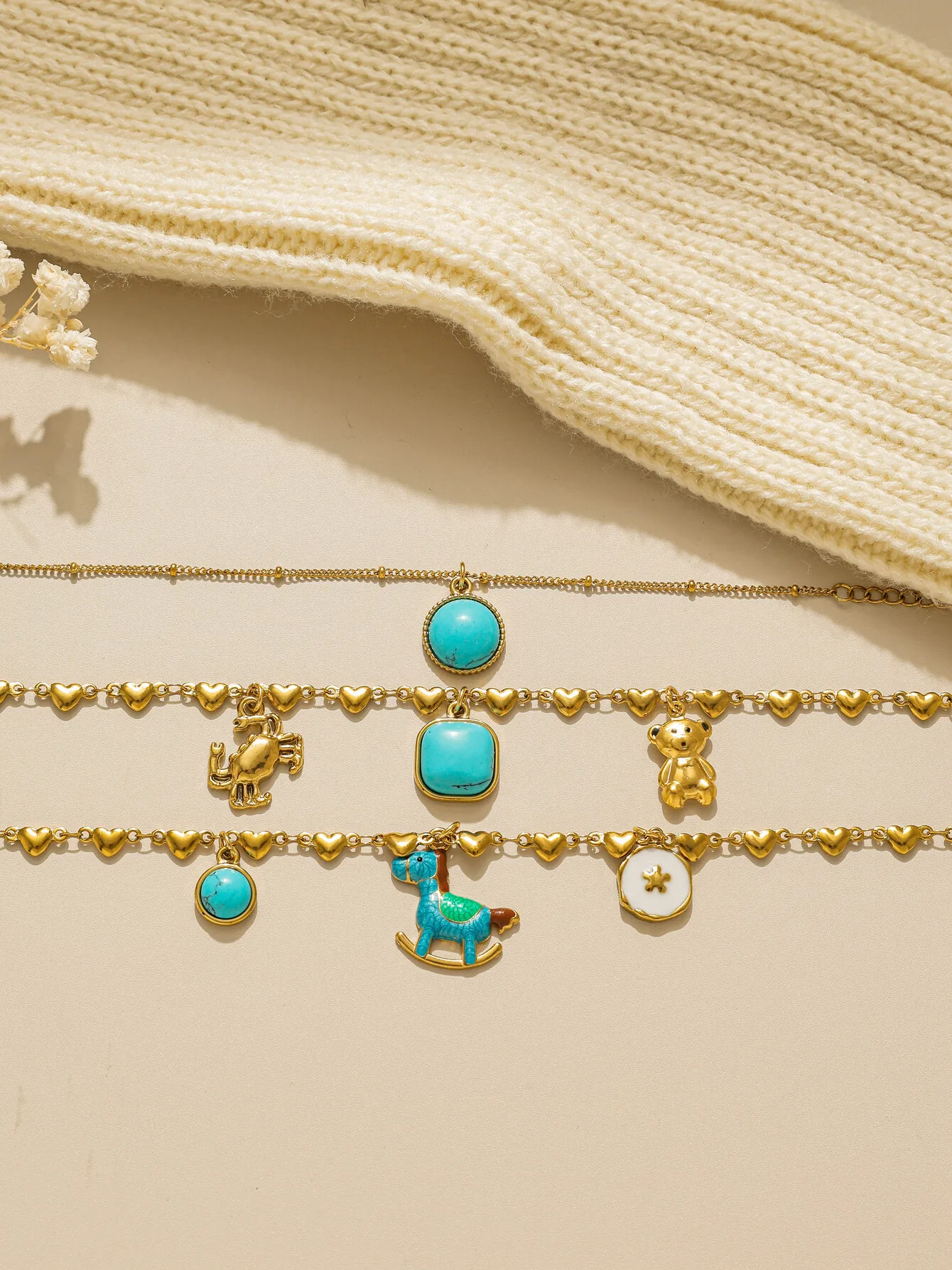 316L الفولاذ المقاوم للصدأ الذهب مربع الجولة الفيروز المهر الدب قلادة الحب سلسلة سوار المرأة موضة جديدة لطيف مجوهرات هدية
