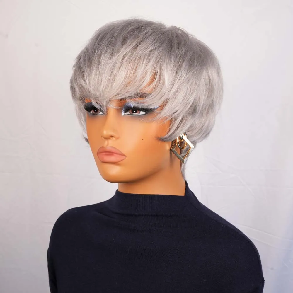 짧은 인모 가발 앞머리 포함 은회색 스트레이트 픽시컷 가발 여성용 레미 인모 기계 제작 가발 일상용