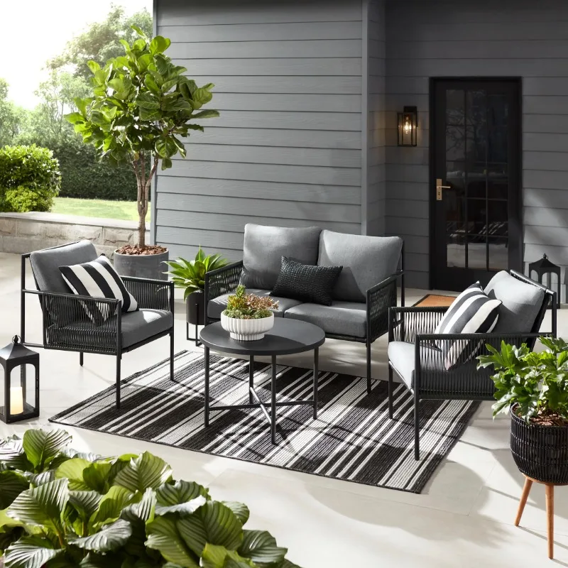 Logan 4-Piece Outdoor Conversation Set, Dark Gray,includes a cushioned loveseat, 2 cushioned chairs, a metal coffee table