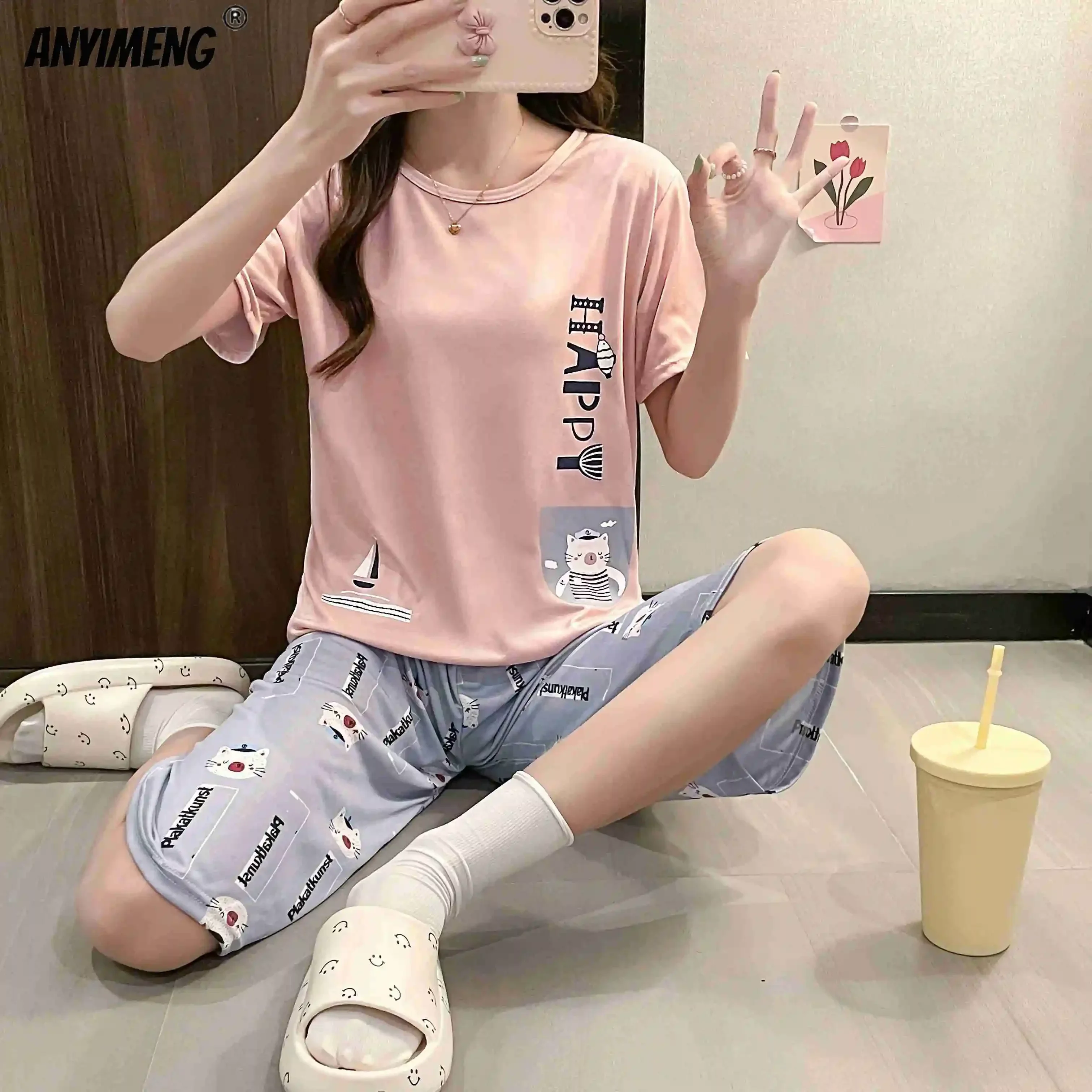 M-5XL Quarter Pants Summer Pajamas Set for Women Kawaii Polyester Woman Loungewear Fashion Pj Sets Cute Girls O-neck Chic Pijama