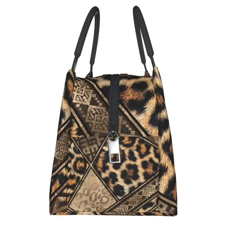 Ethnic Ornaments Brown Animal Leopard Print Insulated Lunch Bags for Women Leopard Skin Resuable Thermal Cooler Food Lunch Box