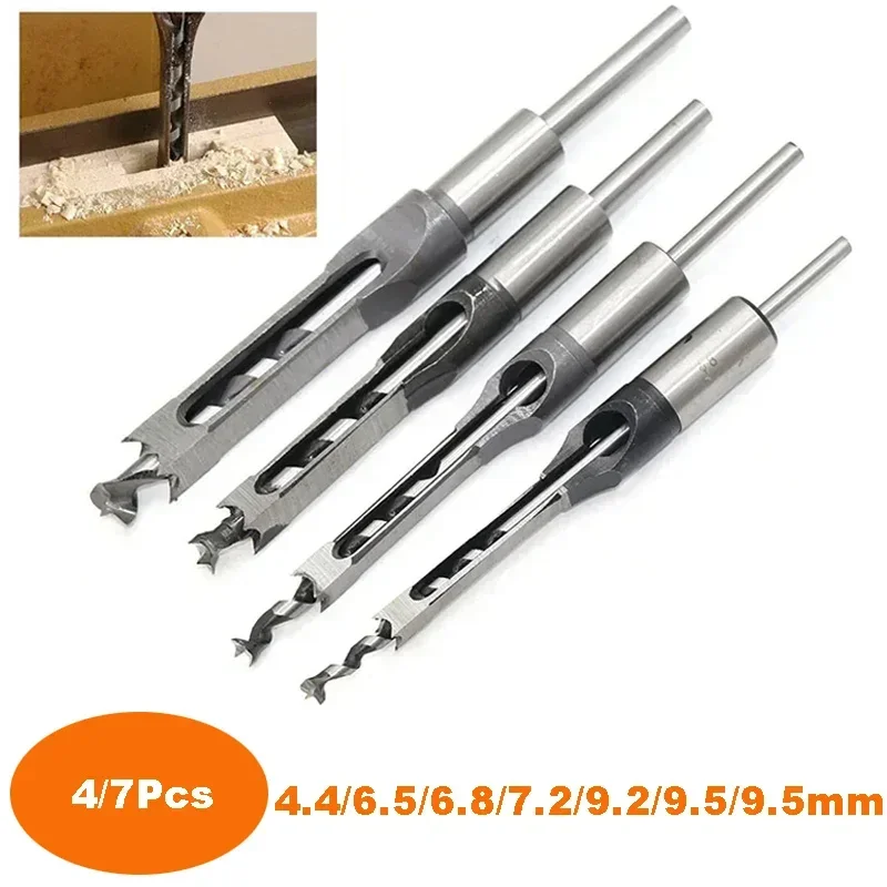 4/7pcs HSS Twist Square Hole Drill Bit Auger Mortising Chisel Extended Saw for Woodworking Tool Woodworking Drill Bit 6.4mm-16mm