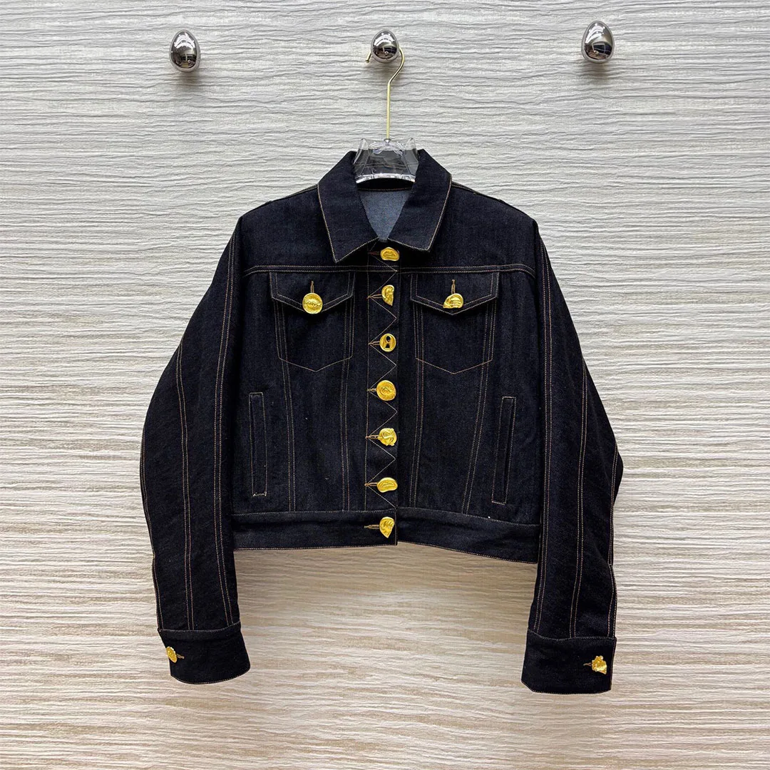 

2025 New Fashion Novelty Gold Buttons Navy Denim Jacket Women Vintage Lapel Long Sleeve Pockets Loose Casual Short Design Coat