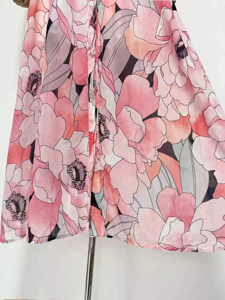 2025年夏新作 レディース ファッション 海辺リゾート風 プリントロングスカート 上品な蝶結びベルト付き ウエストマークAラインロングドレス