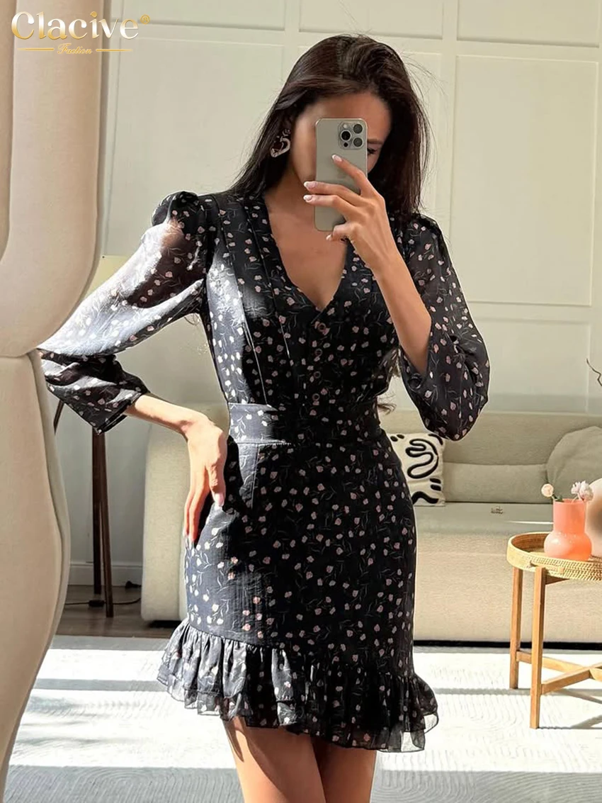 Clacive Fashion Slim Print Women's Dress 2025 Sexy V-Neck Long Sleeve Mini Dresses Elegant Classic High Waist Female Dress