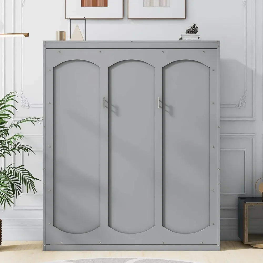 

gray wood queen murphy bed with shelves, ideal for home office or compact spaces