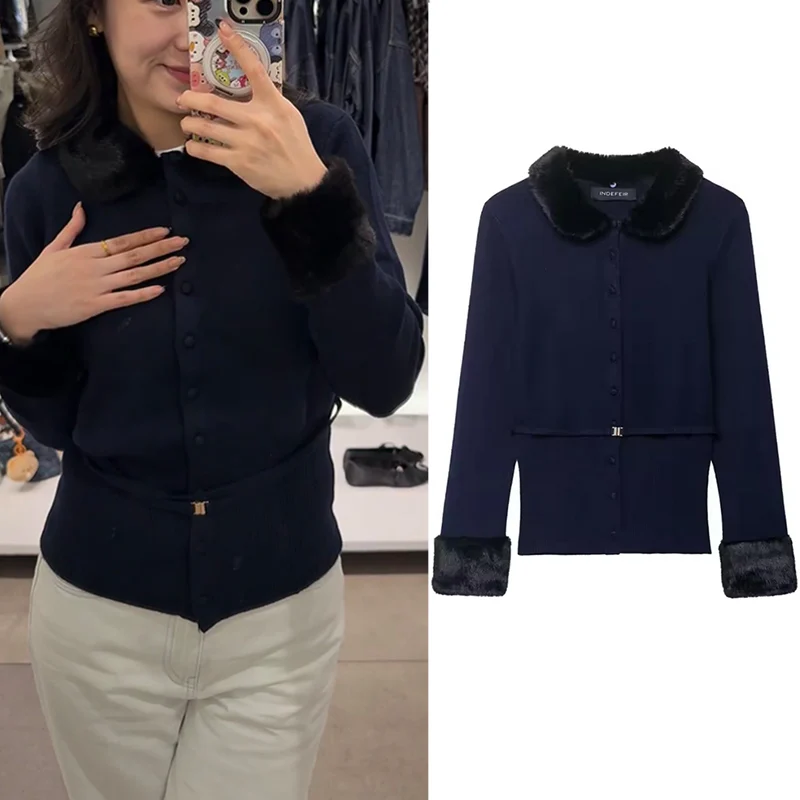 

Women's Coat 2025 New Fashion Autumn Darkblue Long Sleeve Faux Fur Effect Knitted Cardigan Coat Casual Versatile Ladies Top