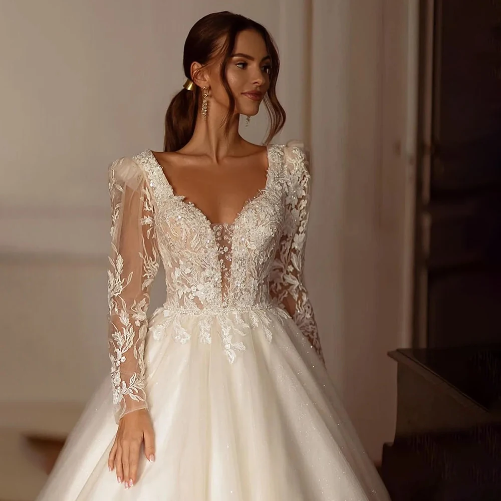 Brilhante uma linha vestido de casamento elegante decote em v rendas apliques frisado vestido de noiva personalizado manga longa vestido de noiva robe de mariée