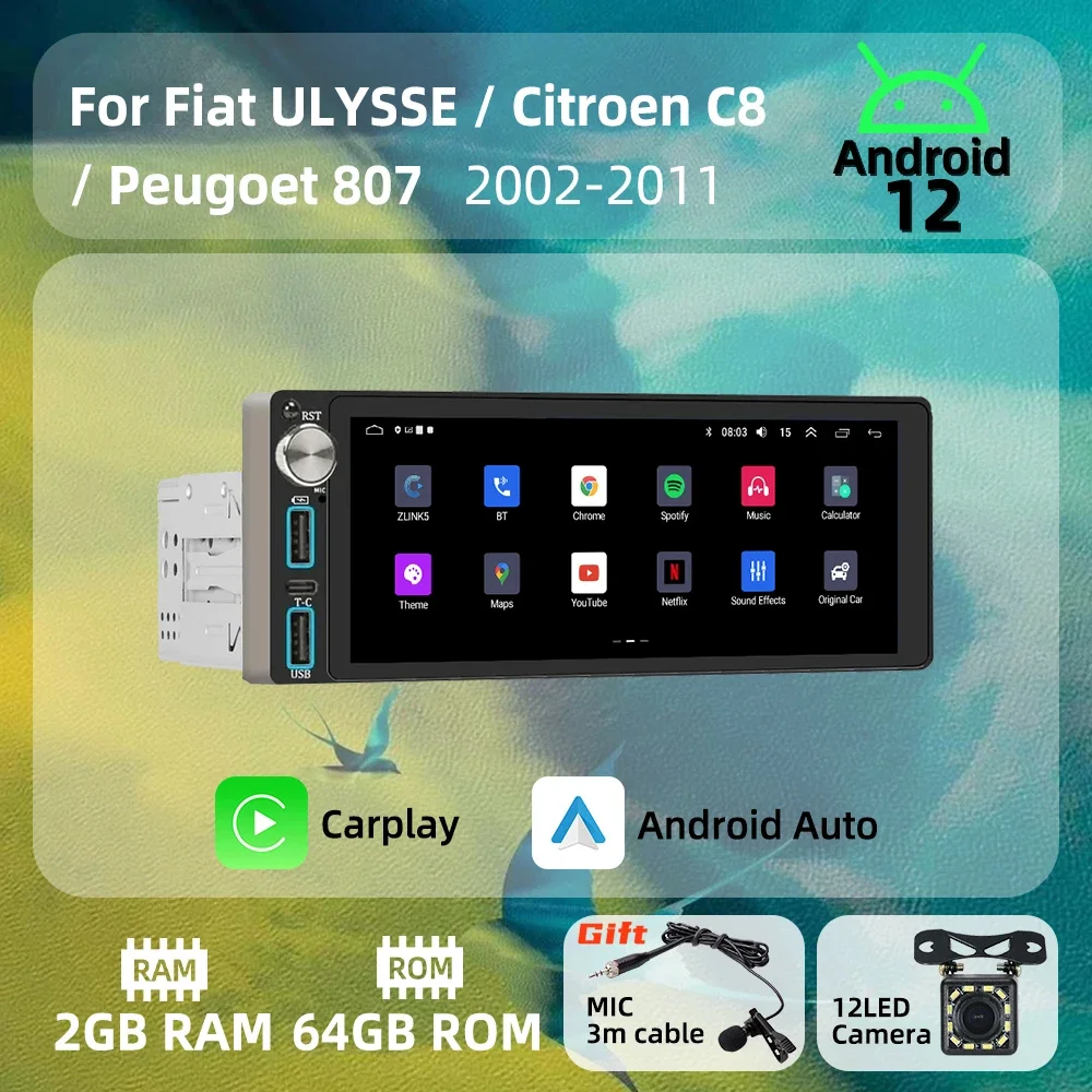 

6.86" Screen Android Car Multimedia for Fiat ULYSSE Citroen C8 Peugeot 807 2002-2011 1 Din Radio Head Unit Autoradio Carplay GPS