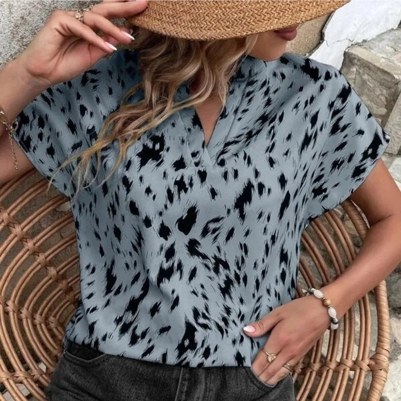 Women's Casual Fashion All-match Elegant Elegant V-neck Loose Short-sleeved Pullover Shirt