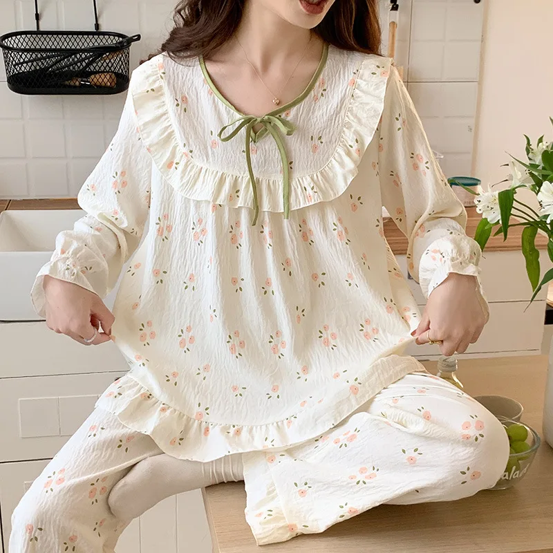 Long Sleeve Pants Two-piece Set Pajamas for Women Sweet Princess Style Home Wear Cloud Cotton Clothes Suitable for Confidantes