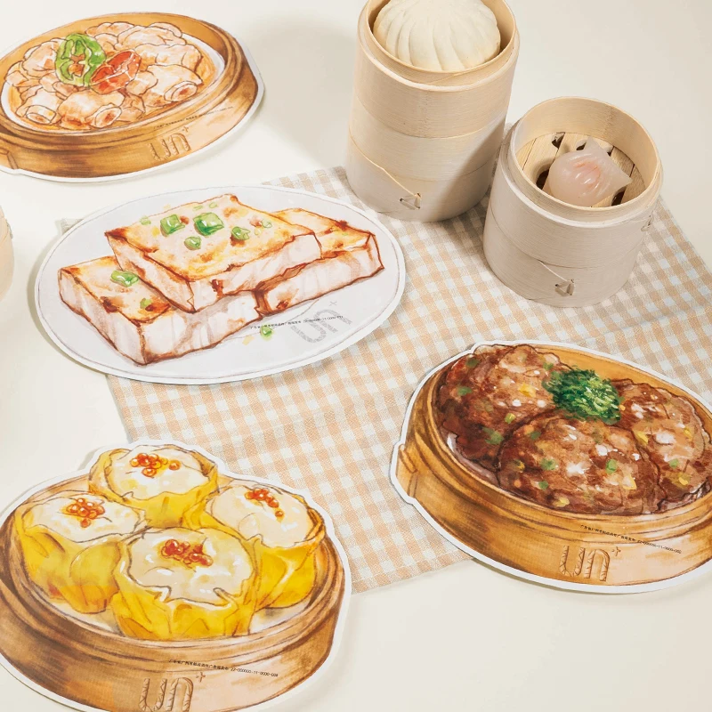 بطاقة بريدية فنية كبيرة الحجم على طراز هونج كونج مع طوابع أصلية، رسوم توضيحية للطعام بالألوان المائية