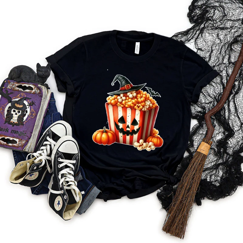 Halloween Popcorn Graphic Short Sleeve T-shirt Women Pumpkin Witch Hats Graphic Classic Tops Horror Popcorn Halloween T-shirts