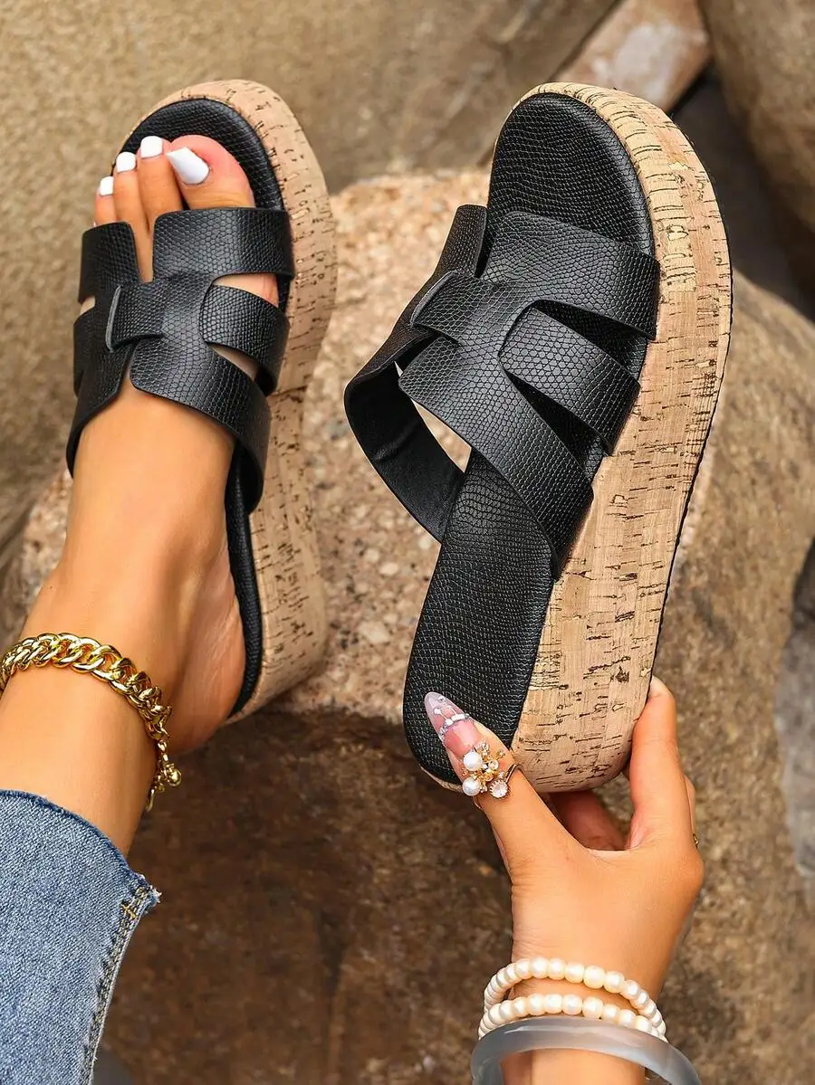 

Black Cork Platform Wedge Sandals For Women Casual Bohemian Summer Slippers