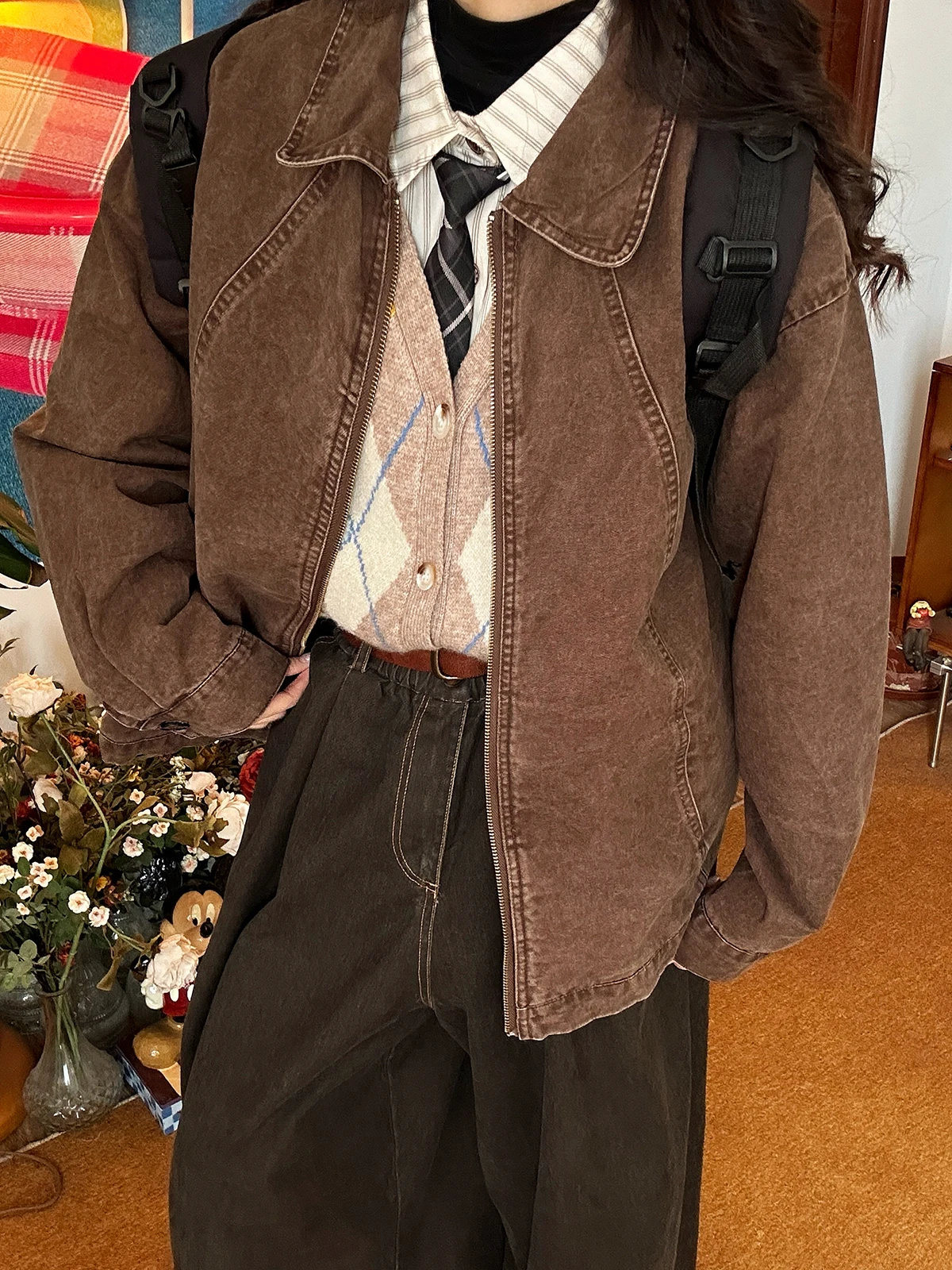 

American Retro Collar ort Jaet Women Casual Zipper Denim Spring New Sle Versatile Leisure Flip Collar Outerwear