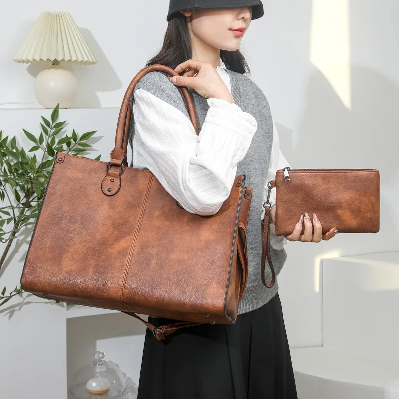 PU Leather Laptop Tote Bag 2 Pieces Set Business Computer Briefcase for Men Women 15.6 Inch Notebook Large Capacity Shoulder Bag