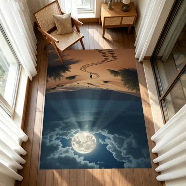 Full Moon Desert Night Walking Figure Footprint Trail Carpet Flooring, Scenic Wilderness Non-Slip Floor Rug for Living Room Bedroom Home Decoration
