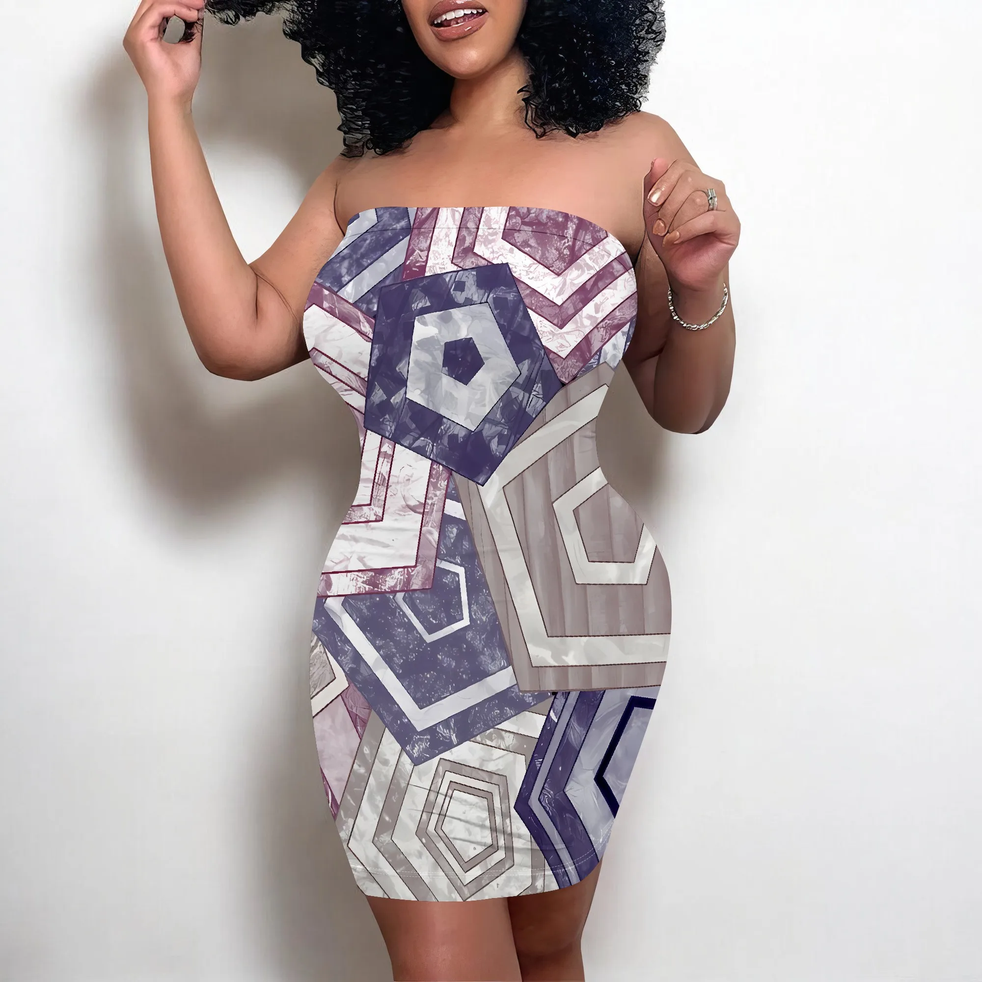 

EQQZD Sleeveless Tube Top Mini Dress, Traditional Geometric Pattern Print Dress, Women's Summer Stylish Casual Dress