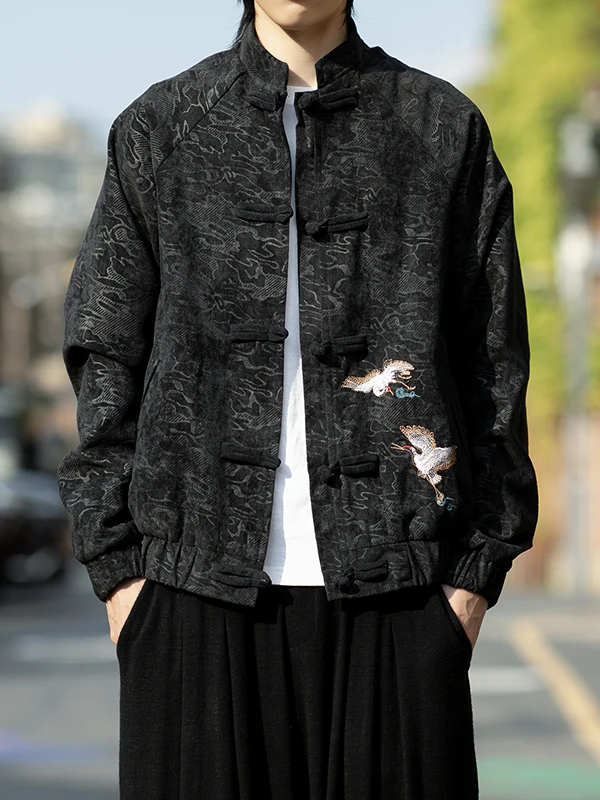 

New Men's Spring Autumn Embroidered Stand Collar Jaet Loose Fit Vintage Chinese Sle Button up Coat Regular Sve Length