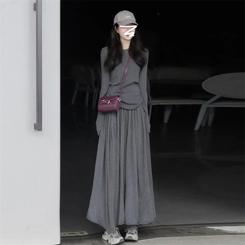 Women 2‑Piece Outfit Long Sleeve Knit Top & Maxi Skirt Set 2026 Early Autumn Korean Lazy Casual Co‑ord Set