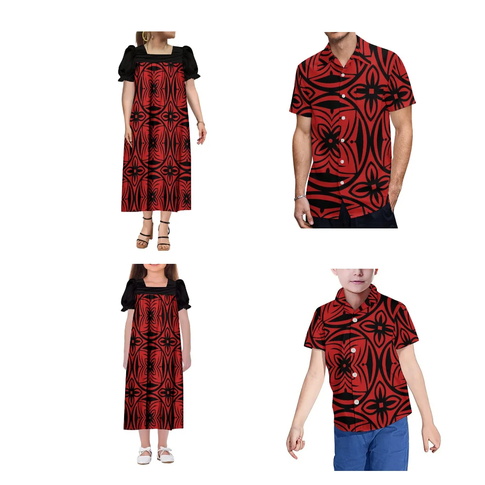 Samoa Island Art Family Clothing Custom Wholesale Polynesian Traditional Print Mom Daughter Mumu Dress Dad Son Pocket Shirt