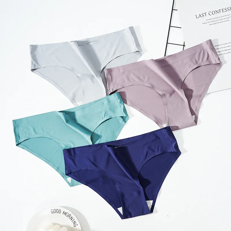 3 Pcs Lot Ice Silk Seamless Briefs for Women One Piece Solid Color Large Size Panties Female Underwear Intimate Lingerie