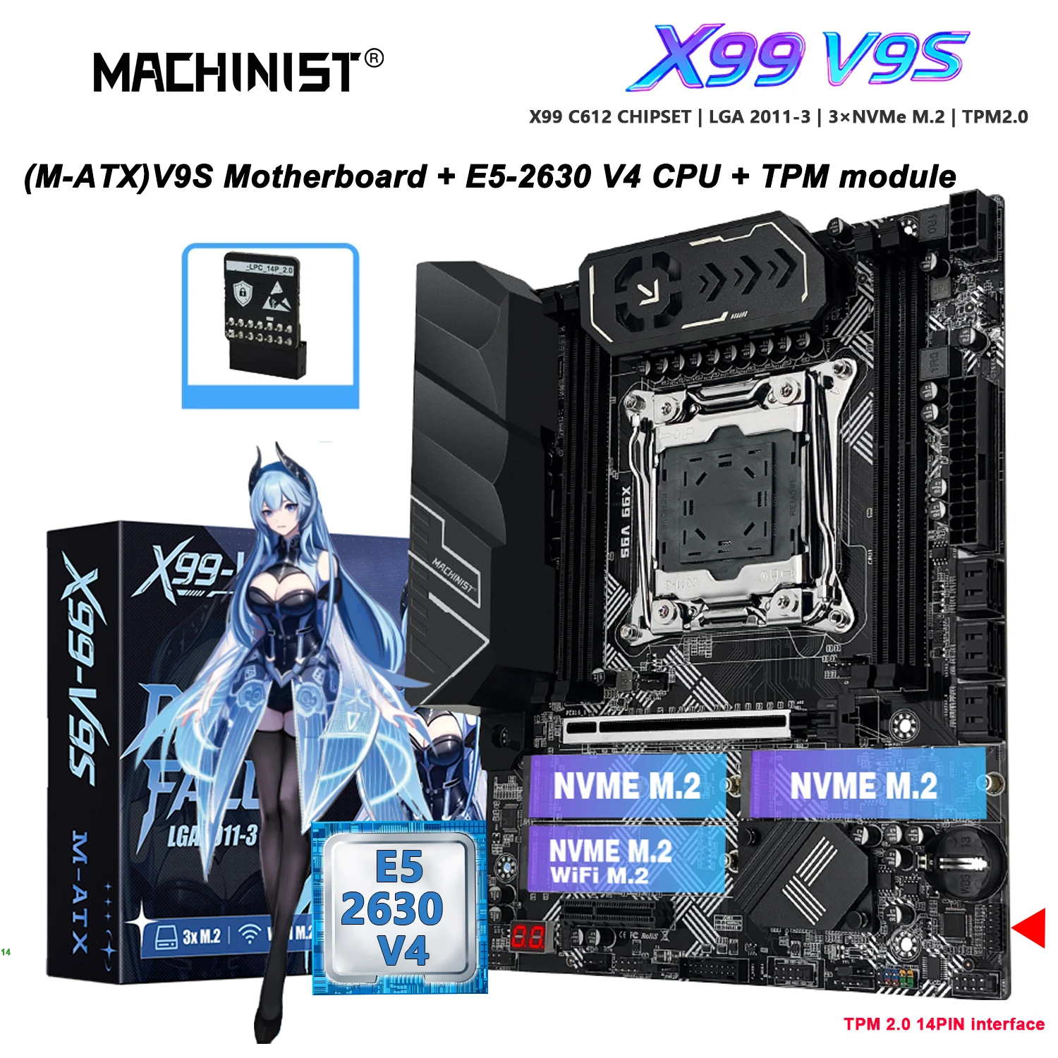 Kit de carte mère MACHINIST X99 V9S TPM2.0 LGA 2011-3 Xeon E5-2630 V4 CPU, prise en charge de 4 canaux de mémoire DDR4, 3 × NVMe M.2 SATA3.0 M-ATX