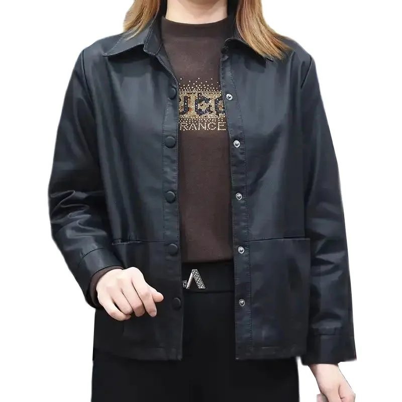 

2023 Autumn Short Women Leather Coat Korean Loose Motorcycle Leather Jacket Fashion Wild Large Size Black Locomotive Outwear 6XL