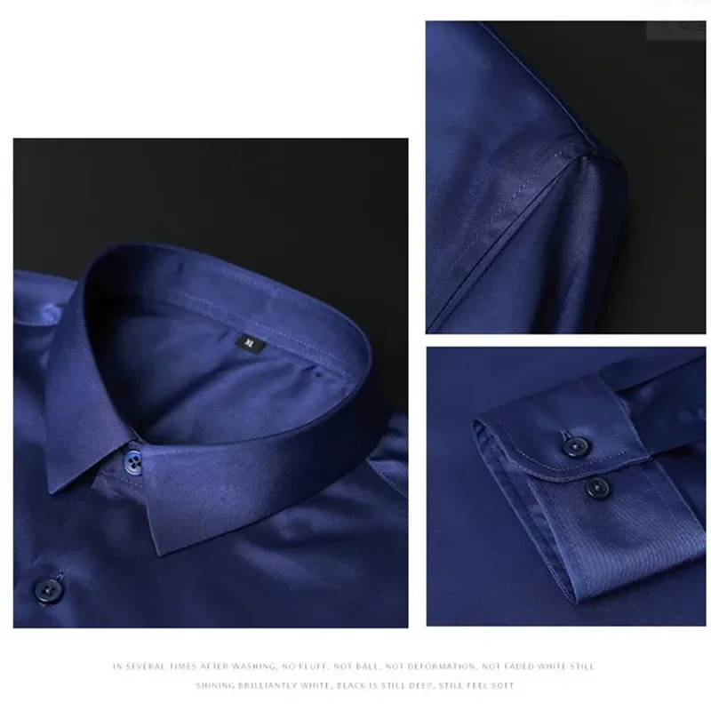 High Quality Men's Long Sleeve Shirt Luxurious Wrinkle-resistant Non-iron Solid Color Business Casual Ice Silk Poplin Shirts 6XL images - 6