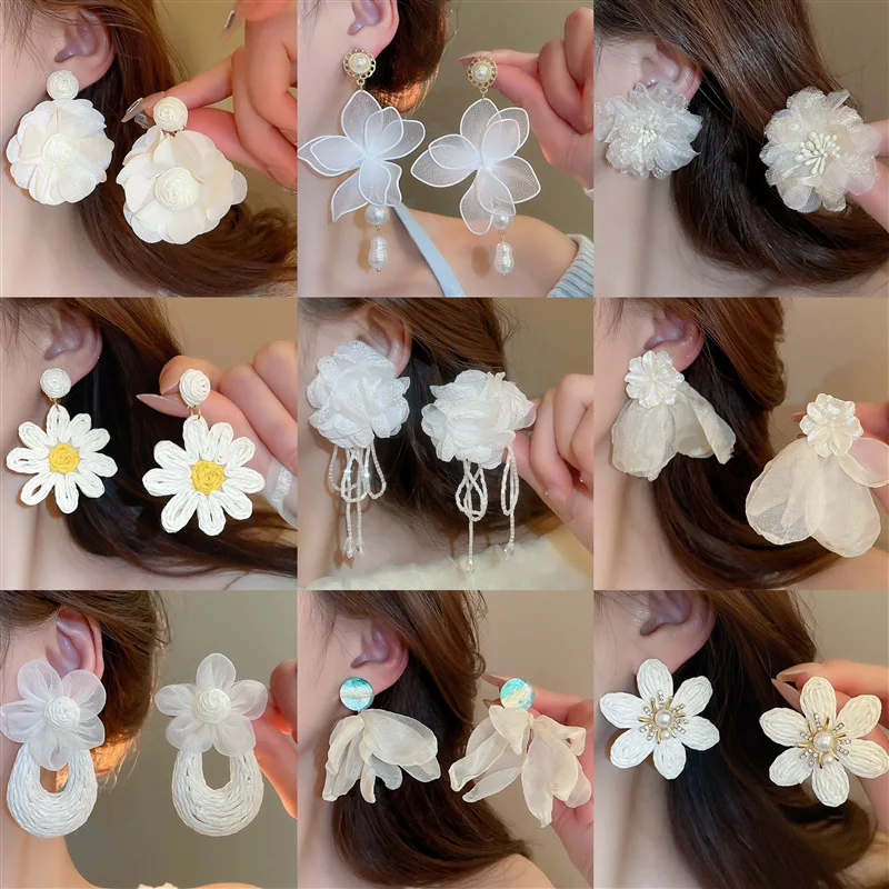 Stud Earrings Tulle Pearl Flower Tassel Silver Post Fresh Ethereal Minimalist Lightweight Versatile Daily Commute Party Jewelry
