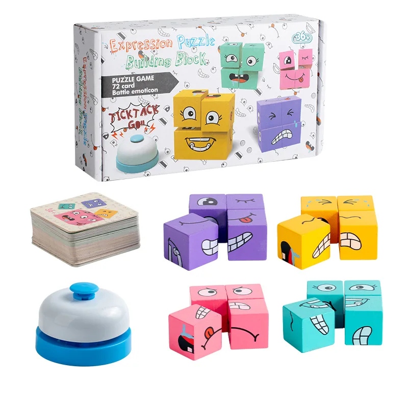 Wooden Expression Changing Block Stacking Toy, Expression Changing Block Stacking Toy with Bell & Card Game Toy