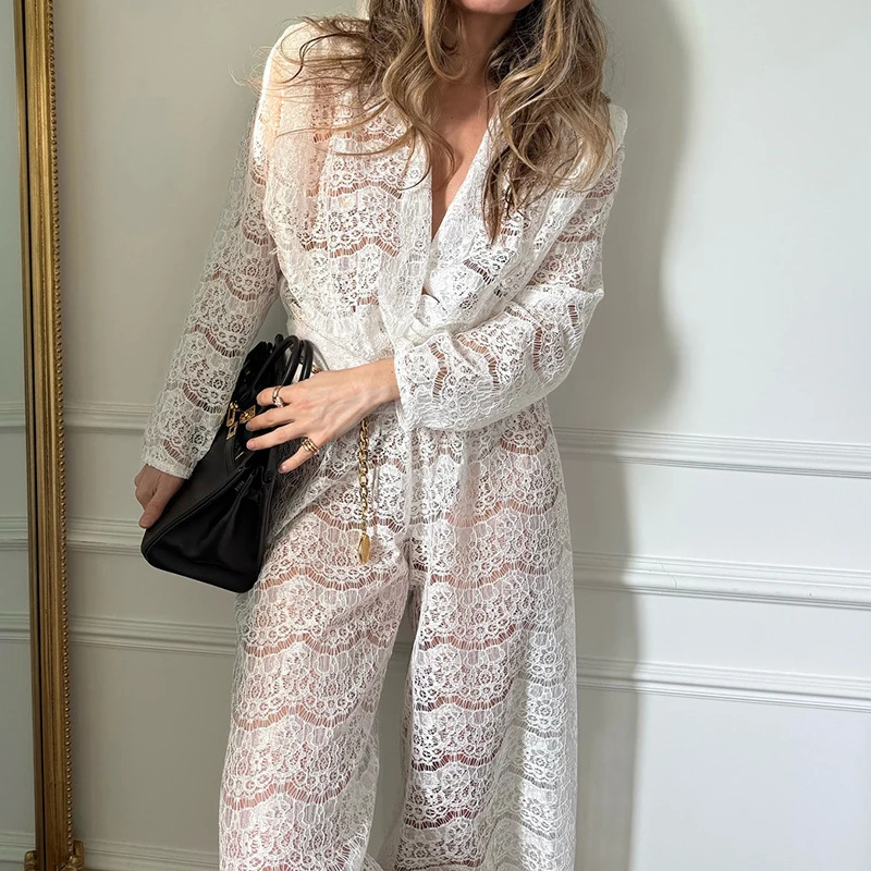 

Long Sleeve Perspective White Suit Sexy Swinging Collar Top & Pant Sets Elegant Lace Jacquard Hollow Long Pant 2Pc Outfit