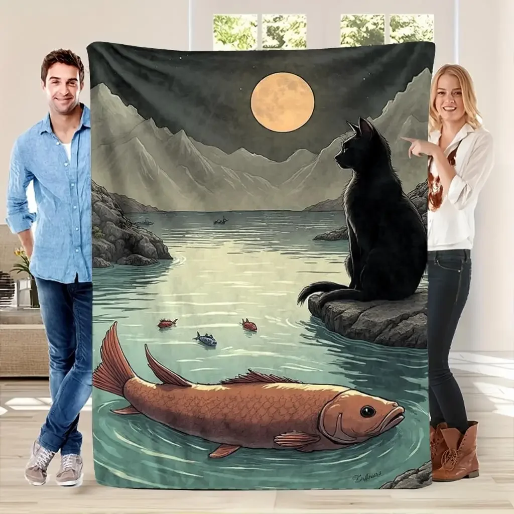 Mystical Moonlit Night Ocean Scene Black Cat and Fish Art Throw Blanket Cozy Decor