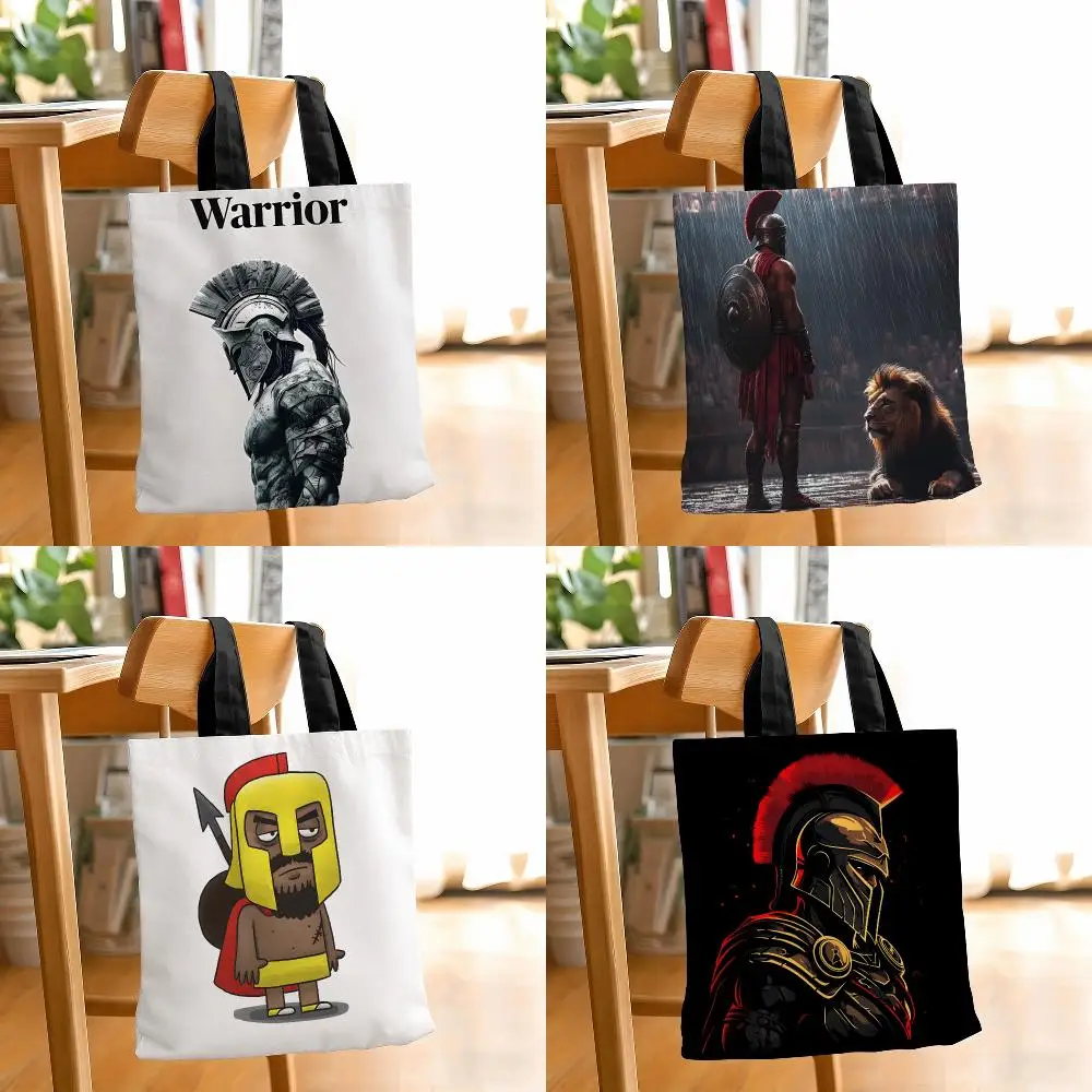 Cute cartoon Warriors brave Spartans Double-Sided Print Canvas Tote Bag Fashion Large Capacity Women's Shoulder Handbag